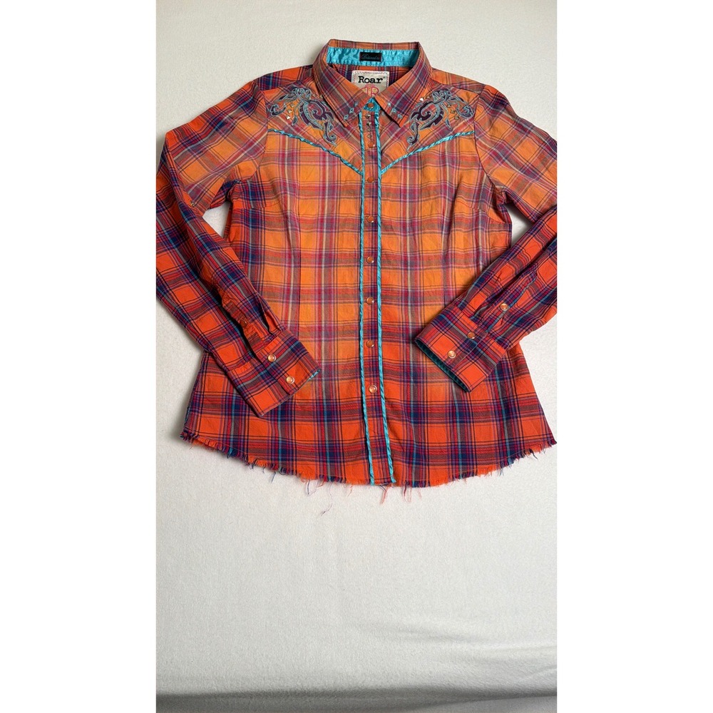 Roar Womens Orange Plaid Embroidered Western Snap Shirt Studded Frayed Hem L